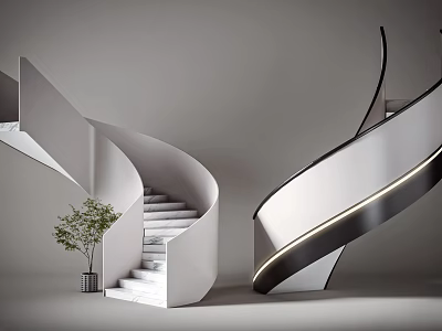 Modern Spiral Stairs Design With Marble Steps LED Light Strip And Potted Plant 3d model