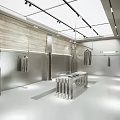 Modern Clothing Store Interior With White Flooring Hanging Lights Clothing Racks And Central Display Table