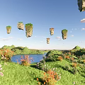 Cartoon Scene Of Floating Stone Pillars With Green Vegetation Hills Blue Sky And White Clouds
