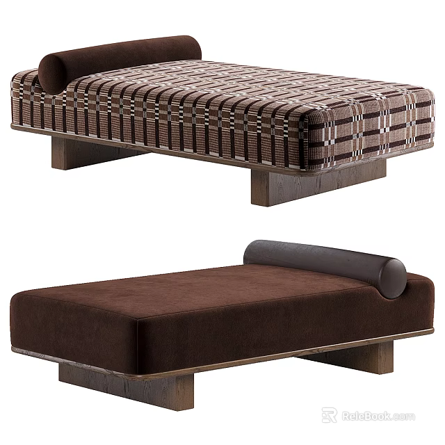 Stylish Plaid and Solid Brown Ottoman with Wooden Legs and Roll Pillow 3d model 