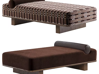 Stylish Plaid and Solid Brown Ottoman with Wooden Legs and Roll Pillow 3d model