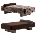 Stylish Plaid and Solid Brown Ottoman with Wooden Legs and Roll Pillow