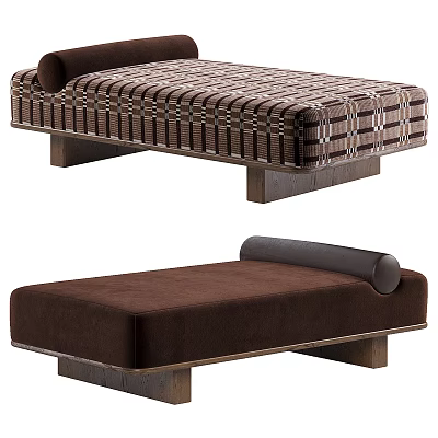 Stylish Plaid and Solid Brown Ottoman with Wooden Legs and Roll Pillow 3d model