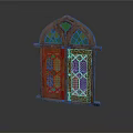 Traditional Wooden Door With Arched Top Carved Details And Glass Panes