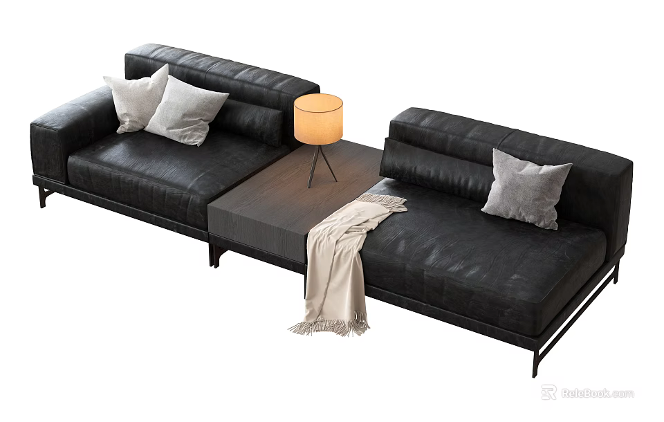 Modern L Shaped Black Leather Sofa Coffee Table with Gray Cushions Table Lamp Blanket 3d model 