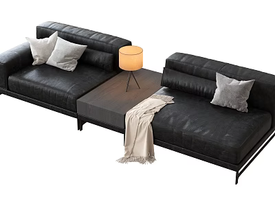 Modern L Shaped Black Leather Sofa Coffee Table with Gray Cushions Table Lamp Blanket 3d model