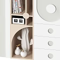 Modern Style Bookcase With Curved Doors Open Shelves And Soft Color Panels Holding Books