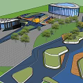Colorful Children's Play Area Design With Shaped Zones Green Lawns Palm Trees And Water Features