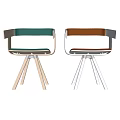Modern Accent Chairs With Wooden Frame Triangular Base Brown Leather And Green Fabric Seats