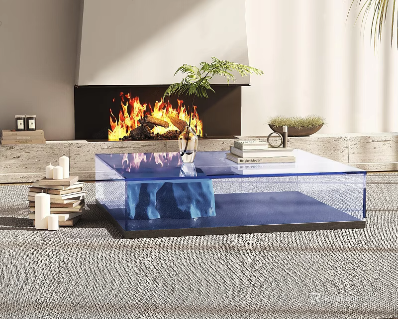 Transparent Glass Coffee Table with Books Decor in Modern Room with Fireplace Green Plant Candles 3d model 
