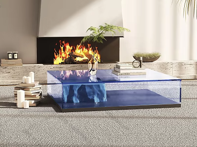 Transparent Glass Coffee Table with Books Decor in Modern Room with Fireplace Green Plant Candles 3d model