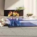 Transparent Glass Coffee Table with Books Decor in Modern Room with Fireplace Green Plant Candles