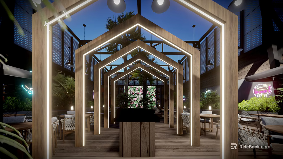 Rooftop Garden Design With Wooden Arches LED Lights Greenery And Seating Areas 3d model 