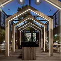 Rooftop Garden Design With Wooden Arches LED Lights Greenery And Seating Areas