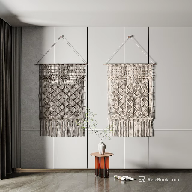 Minimalist Macramé Wall Hangings With Geometric Patterns Hanging On White Wall 3d model 