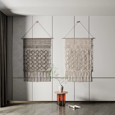 Minimalist Macramé Wall Hangings With Geometric Patterns Hanging On White Wall 3d model