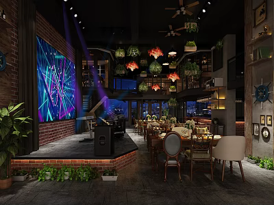 Modern Restaurant Interior With Hanging Plants Chandeliers Dining Tables Brick Wall And Stage Piano 3d model