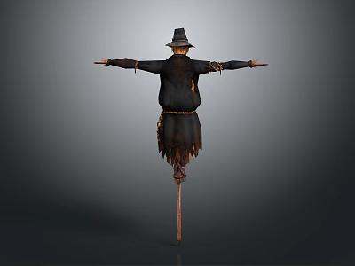 Traditional Scarecrow With Hat And Outstretched Arms On Wooden Pole 3d model