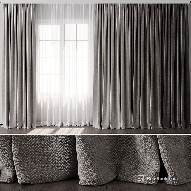 Grey Textured Curtains With White Sheer Panels For Window Light Decoration 3d model 
