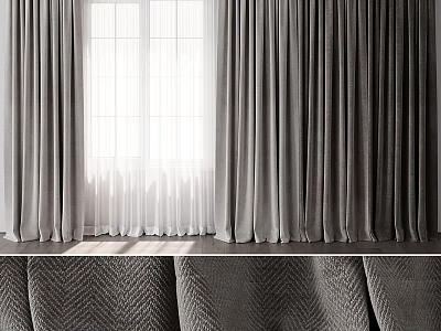 Grey Textured Curtains With White Sheer Panels For Window Light Decoration 3d model