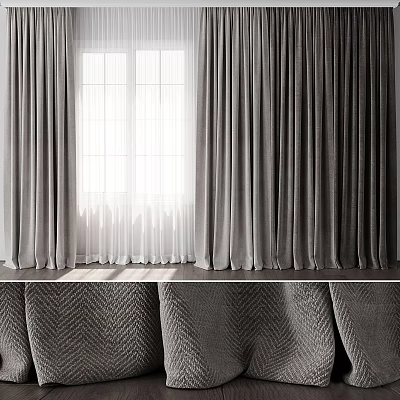 Grey Textured Curtains With White Sheer Panels For Window Light Decoration 3d model