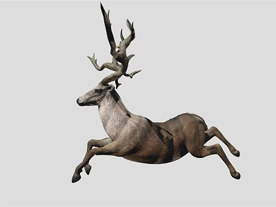 Realistic Brown Deer With Large Antlers Jumping Against Gray Background 3d model