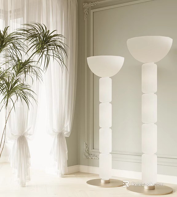 Modern White Floor Lamps With Palm Plant And White Curtains In Light Room 3d model 