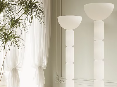 Modern White Floor Lamps With Palm Plant And White Curtains In Light Room 3d model