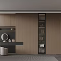 Modern Dressing Area Interior With Black Table Open Shelf Mirror And Wooden Wall 3d model