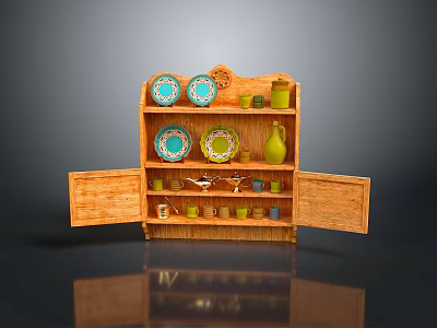 Wooden Display Cabinet With Open Doors Containing Ceramic Plates Green Vase And Colorful Cups 3d model