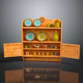 Wooden Display Cabinet With Open Doors Containing Ceramic Plates Green Vase And Colorful Cups