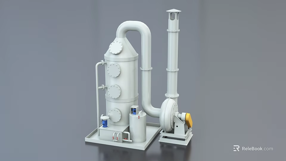 Industrial Processing Equipment with Vertical Cylindrical Tower Connecting Pipes Valves and Yellow Fan Unit 3d model 