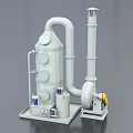 Industrial Processing Equipment with Vertical Cylindrical Tower Connecting Pipes Valves and Yellow Fan Unit
