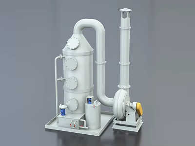 Industrial Processing Equipment with Vertical Cylindrical Tower Connecting Pipes Valves and Yellow Fan Unit 3d model