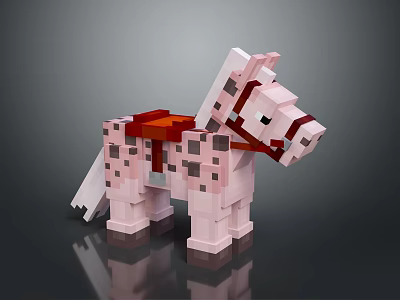 Pixel Art Horse Character With Pink Spotted Body And Red Saddle 3d model