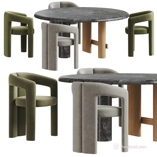 Modern Dining Table Set With Green And Gray Upholstered Chairs Marble Top And Wooden Legs 3d model 