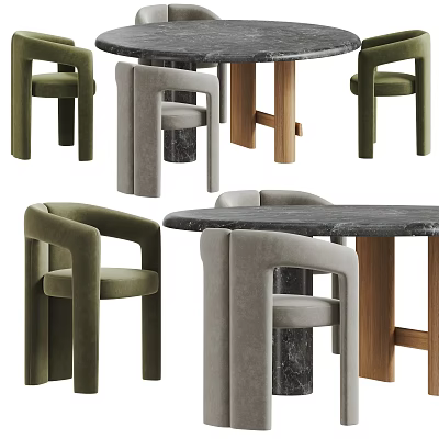 Modern Dining Table Set With Green And Gray Upholstered Chairs Marble Top And Wooden Legs 3d model