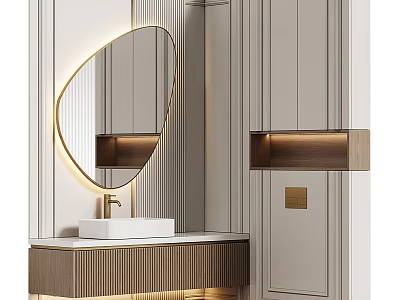 Elegant Modern Bathroom Washbasin With Oval Mirror Striped Wall And Wooden Cabinets 3d model