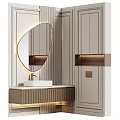 Elegant Modern Bathroom Washbasin With Oval Mirror Striped Wall And Wooden Cabinets