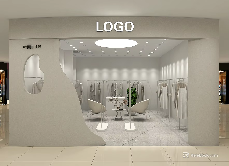 Modern Minimalist Clothing Store Interior With Clothing Racks Seats And Green Plant 3d model 