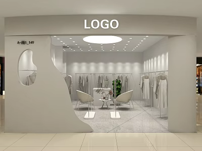 Modern Minimalist Clothing Store Interior With Clothing Racks Seats And Green Plant 3d model