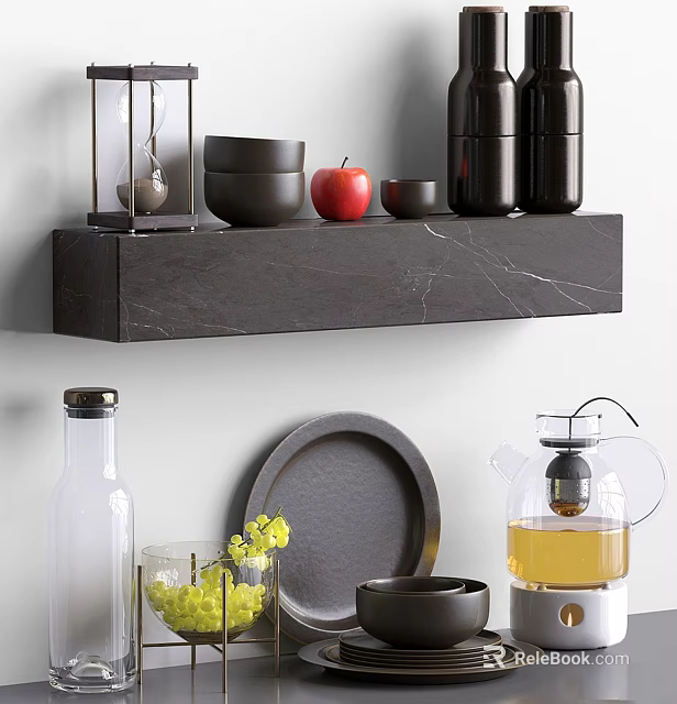 Stylish Kitchenware Display with Bowls Jars Apple on Marble Shelf and Glass Kettle Plate 3d model 