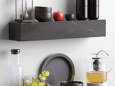 Stylish Kitchenware Display with Bowls Jars Apple on Marble Shelf and Glass Kettle Plate 3d model