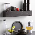 Stylish Kitchenware Display with Bowls Jars Apple on Marble Shelf and Glass Kettle Plate