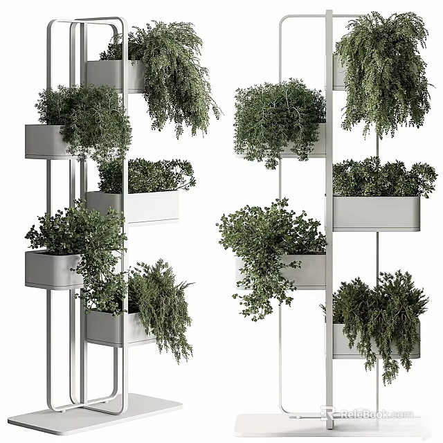 Lush Green Plants Arranged On Multi Tiered White Decorative Plant Stands 3d model 