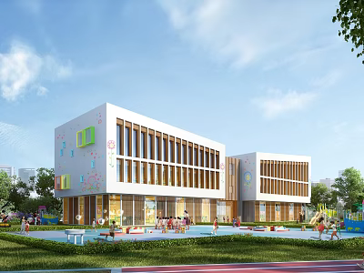 Modern Kindergarten Building With White Exterior Colorful Decorations Green Lawns And Playground 3d model