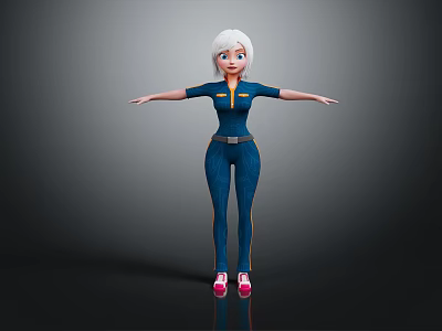 White Short Haired Female Game Character Wearing Blue Jumpsuit With Yellow Belt And Pink Shoes 3d model