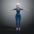White Short Haired Female Game Character Wearing Blue Jumpsuit With Yellow Belt And Pink Shoes