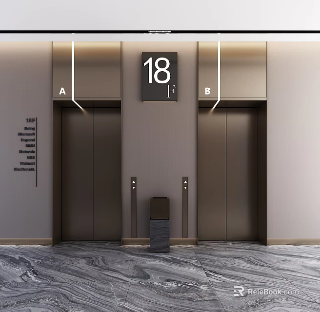 Modern Elevator Lobby With Two Elevators And 18th Floor Sign 3d model 