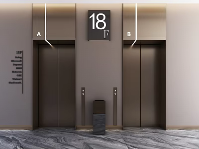 Modern Elevator Lobby With Two Elevators And 18th Floor Sign 3d model